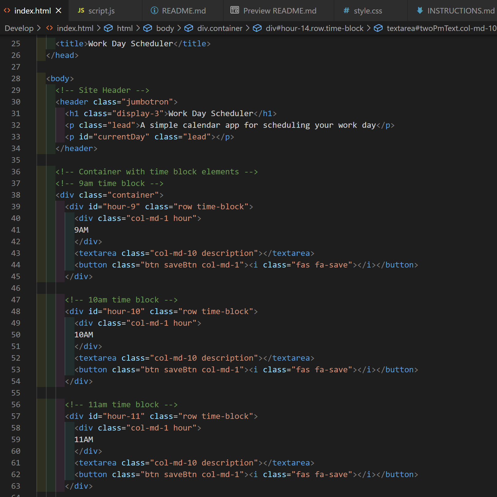 The timeblock html code shown in the index document